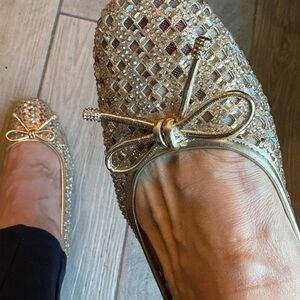 Alex Marie Gold Rhinestone Woven Bow Mini Wedges